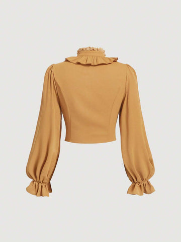 MOD Women's Elegant Solid Color Ruffle Collar Long Sleeve Blouse For Commuting, Spring And Summer