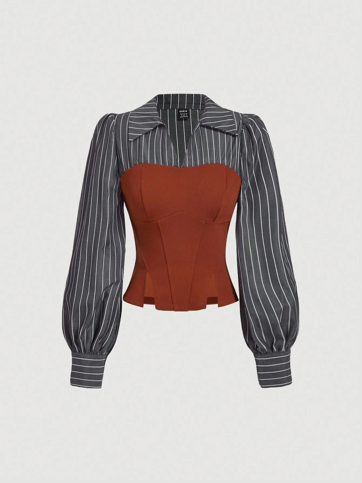 MOD Women's Elegant Striped Print Lantern Sleeve 2 In 1 With Waist Band Blouse, Spring/Autumn