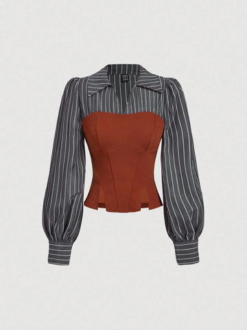 MOD Women's Elegant Striped Print Lantern Sleeve 2 In 1 With Waist Band Blouse, Spring/Autumn