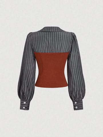 MOD Women's Elegant Striped Print Lantern Sleeve 2 In 1 With Waist Band Blouse, Spring/Autumn