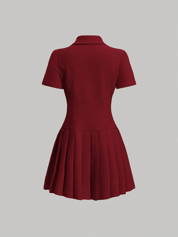 Women's Fashion Short Sleeve Stand Collar Dress With Pleats