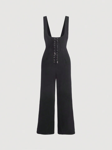 Women's Fashionable And Casual Jumpsuit With Black Metal Circle Belt Decoration