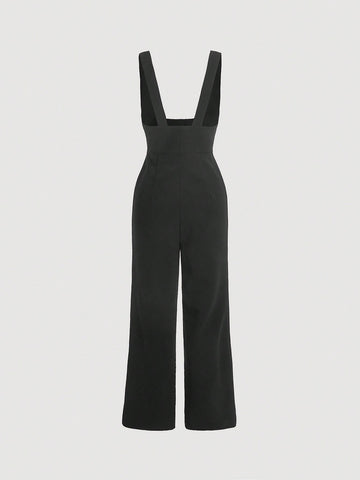 Women's Fashionable And Casual Jumpsuit With Black Metal Circle Belt Decoration