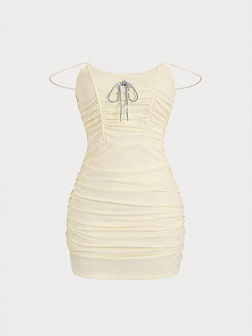 Women's Fashionable Rhinestone Adorned Bowknot Gathered Dress