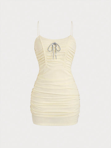 Women's Fashionable Rhinestone Adorned Bowknot Gathered Dress