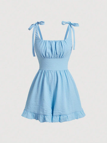 Women's Fashionable Solid Color Ruffle Hem Pleated Jumpsuit