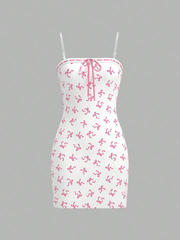 Women's Fashionable Sweet Bowknot Printed Spaghetti Strap Dress