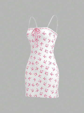 Women's Fashionable Sweet Bowknot Printed Spaghetti Strap Dress