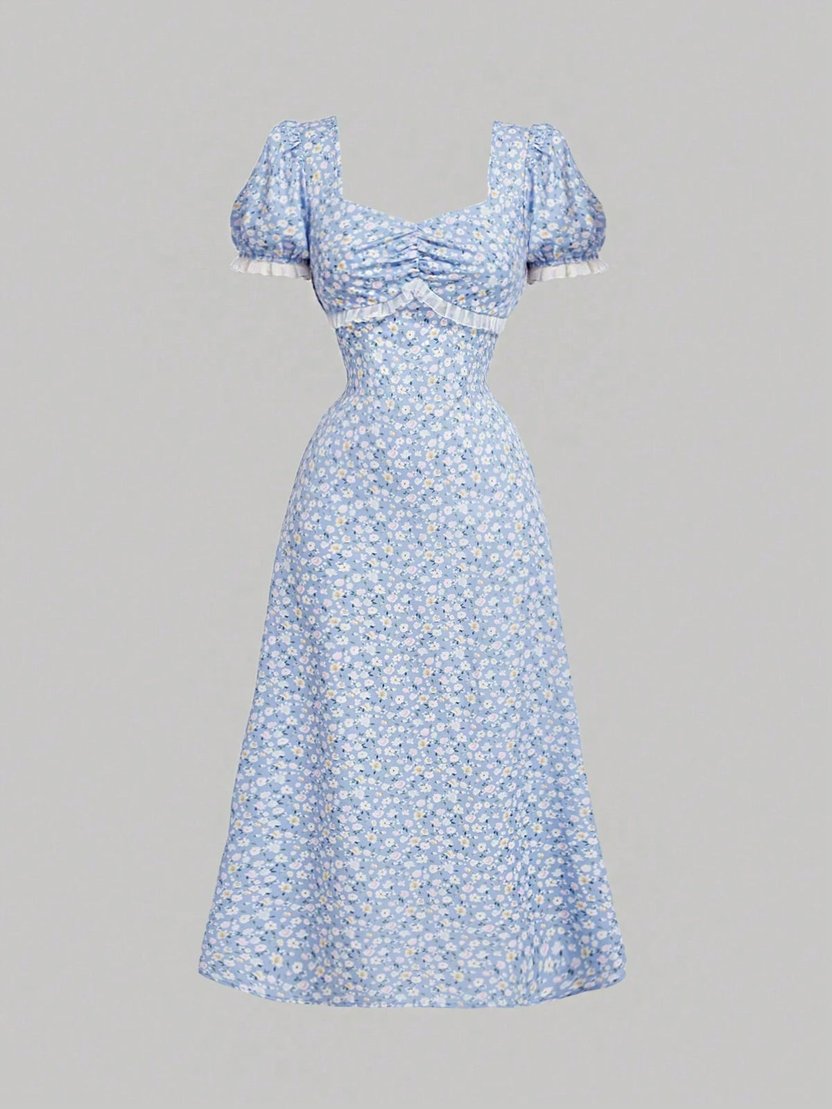 Women's Fashionable Vintage Rose Print Puff Sleeve Lace Slim Fit Dress Fall Clothes Bridgerton Style
