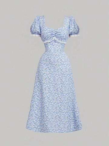Women's Fashionable Vintage Rose Print Puff Sleeve Lace Slim Fit Dress Fall Clothes Bridgerton Style