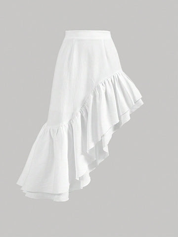 MOD Women's Fashionable White Asymmetrical Ruffled Hem Skirt For Summer