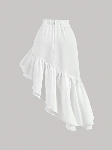 MOD Women's Fashionable White Asymmetrical Ruffled Hem Skirt For Summer