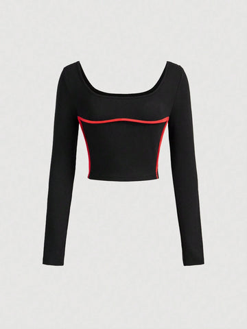 Women's Fitted Red And Black Color Block Long Sleeve T-Shirt