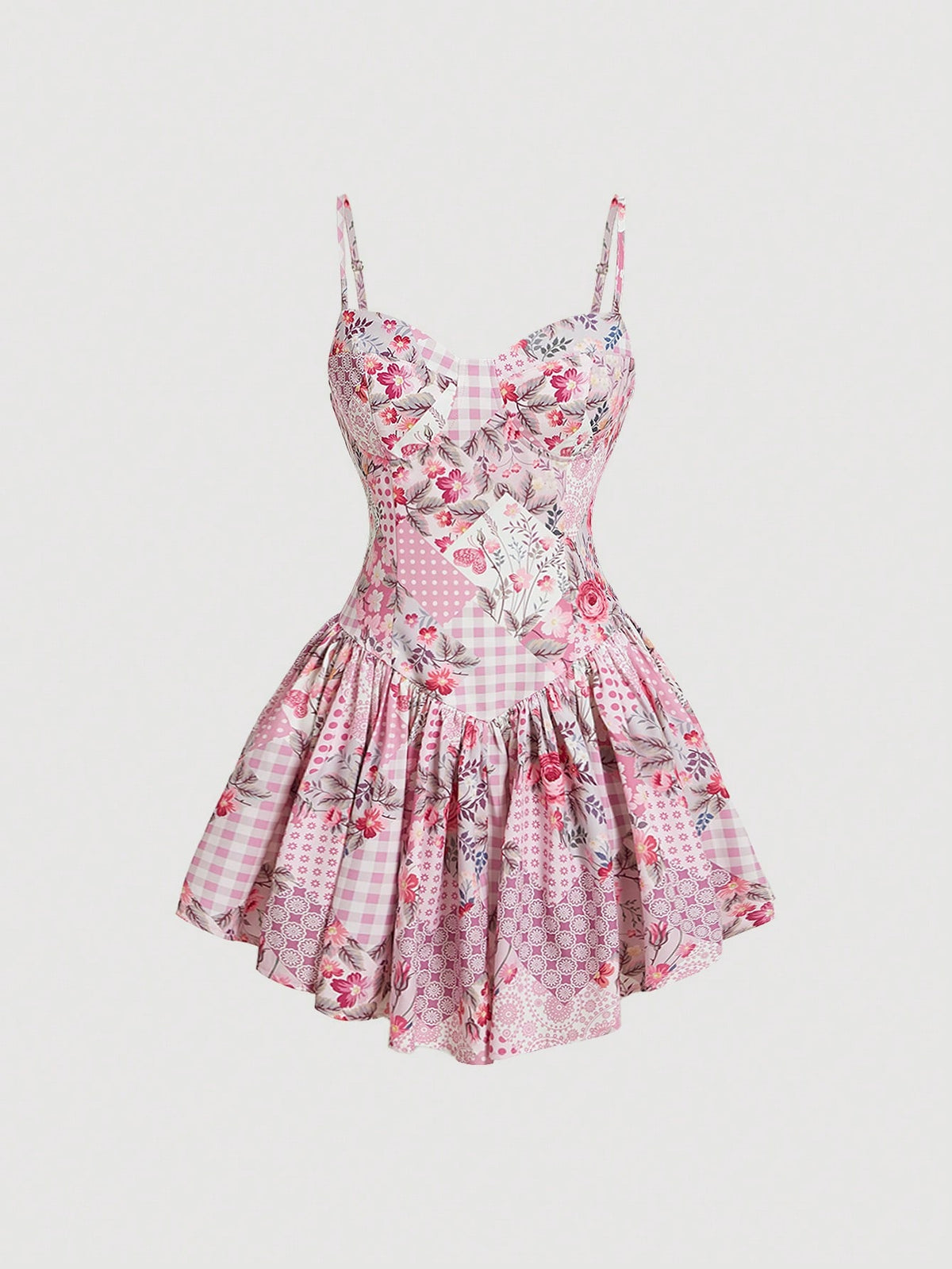Women's Floral Print A-Line Dress With Waist Tie And Spaghetti Straps