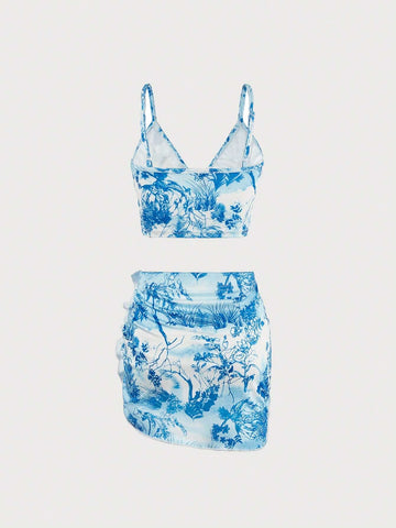 Women's Floral Print Cami Top And Skirt Two-Piece Set