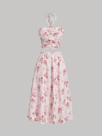 Women's Floral Print Pleated Halter Neck Cami Top And Skirt Set
