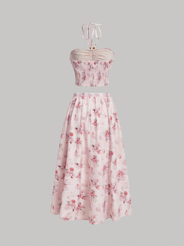 Women's Floral Print Pleated Halter Neck Cami Top And Skirt Set