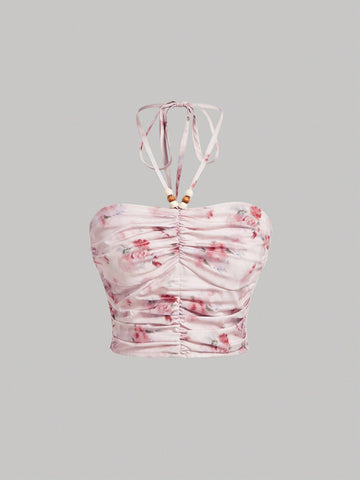 Women's Floral Print Pleated Halter Neck Cami Top And Skirt Set