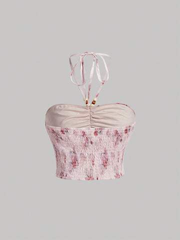 Women's Floral Print Pleated Halter Neck Cami Top And Skirt Set