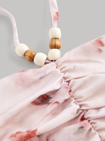 Women's Floral Print Pleated Halter Neck Cami Top And Skirt Set