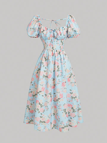 MOD Women's Floral Print Puff Short Sleeve Dress