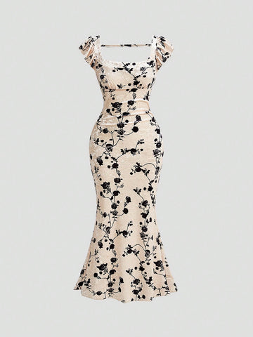 MOD Women's Floral Print Square Neckline Fish Tail Dress