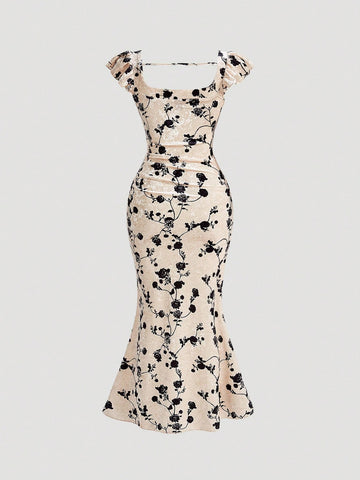 MOD Women's Floral Print Square Neckline Fish Tail Dress