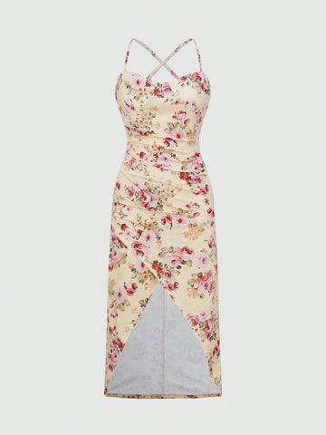 Women's Floral Printed Back Crossed Dress