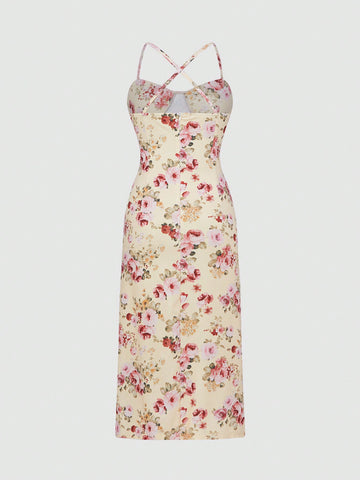 Women's Floral Printed Back Crossed Dress