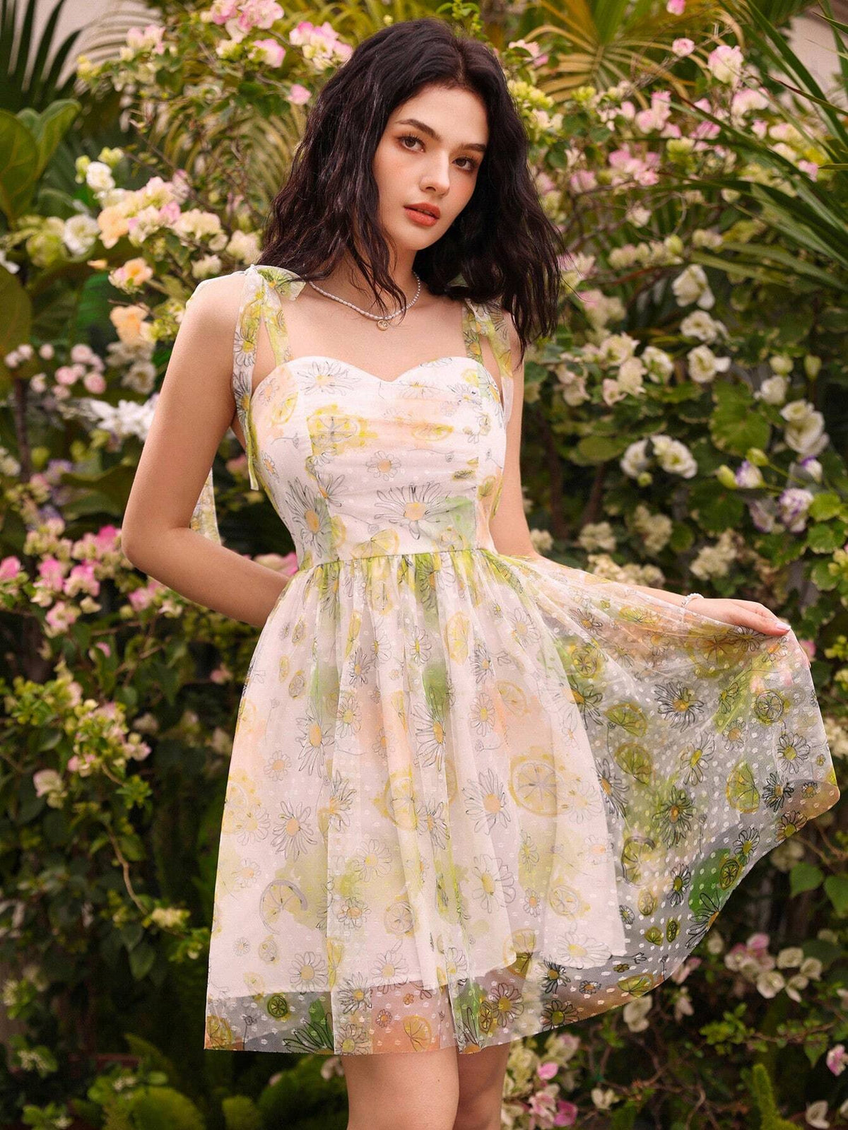Women's Floral Printed Patchwork Mesh Halter-Neck Dress