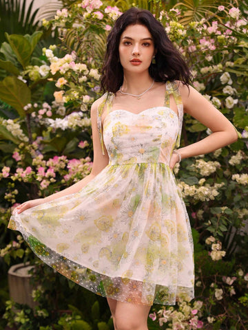 Women's Floral Printed Patchwork Mesh Halter-Neck Dress