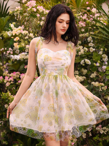 Women's Floral Printed Patchwork Mesh Halter-Neck Dress