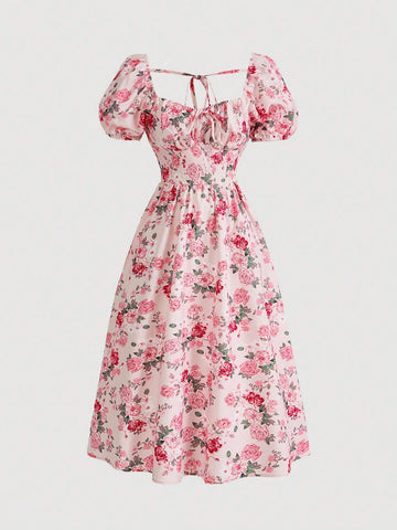 Women's Floral Printed Puff Sleeve Sweetheart Neckline Bubble Hem Dress