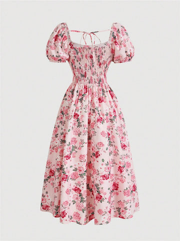 Women's Floral Printed Puff Sleeve Sweetheart Neckline Bubble Hem Dress