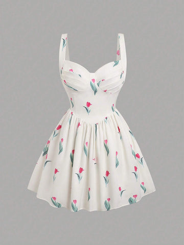 Women's Floral Printed Short Sundress With Ruched Bust And Spaghetti Straps For Spring/Summer