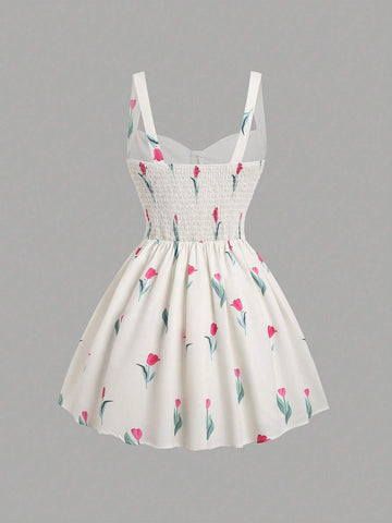 Women's Floral Printed Short Sundress With Ruched Bust And Spaghetti Straps For Spring/Summer