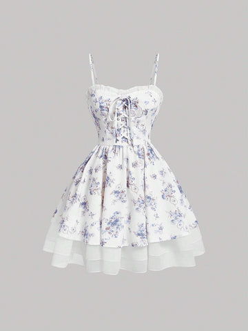 Women's Floral Printed Tie-Shoulder Cami Dress