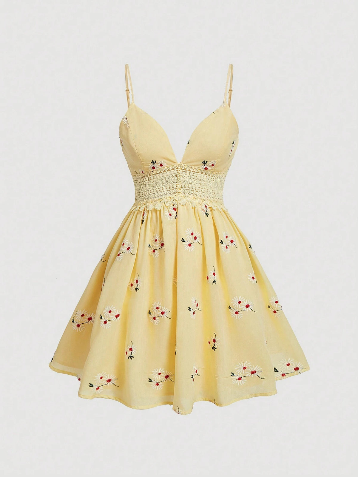Women's Flower Embroidered V-Neckline Spaghetti Strap Dress With Cinched Waist, Perfect For Vacation