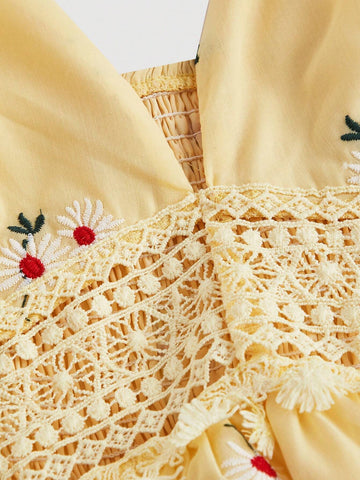 Women's Flower Embroidered V-Neckline Spaghetti Strap Dress With Cinched Waist, Perfect For Vacation