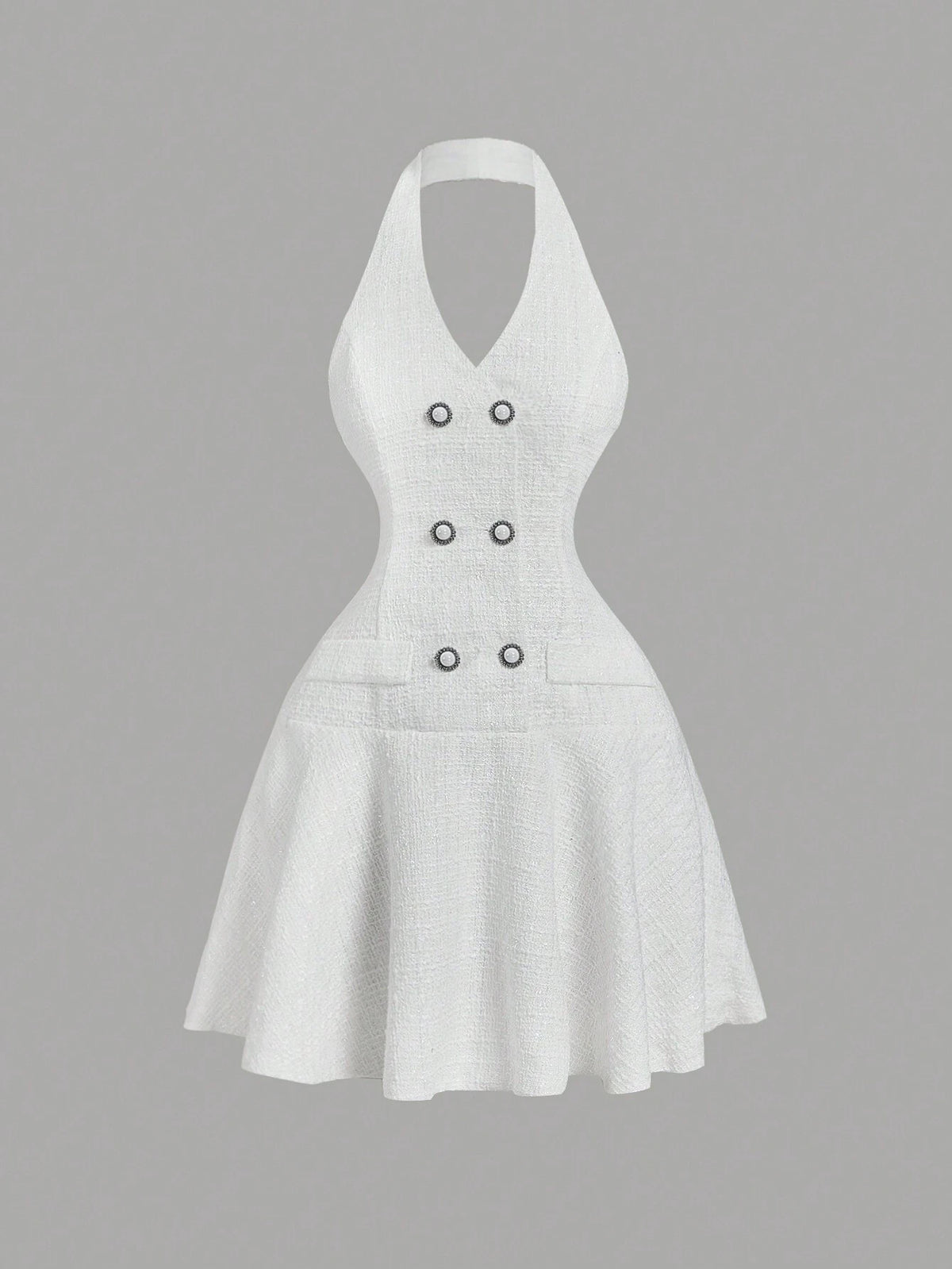Women's Front Button Decor Halter Elegant White Midi Dress