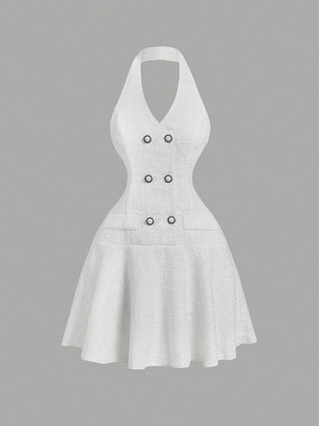 Women's Front Button Decor Halter Elegant White Midi Dress