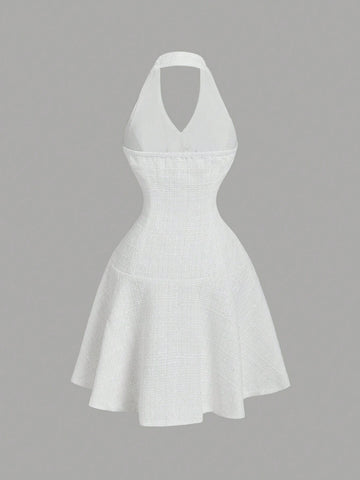 Women's Front Button Decor Halter Elegant White Midi Dress