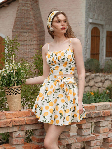 Women's Fruit Print Ruffle Bust Cami Top And Skirt Set