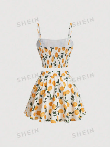 Women's Fruit Print Ruffle Bust Cami Top And Skirt Set