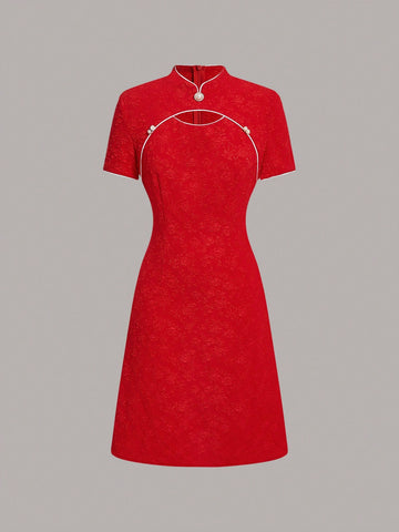 Women's High Collar Hollow Out Short Sleeve Jacquard Dress