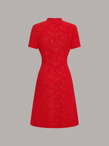 Women's High Collar Hollow Out Short Sleeve Jacquard Dress