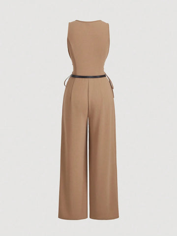 Women's Khaki Suit Vest With Tie Jumpsuit, Casual Business Jumpsuit (With Belt)