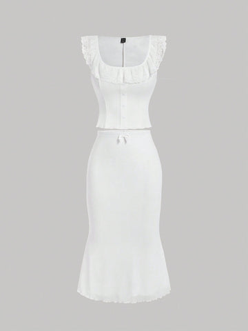 Women's Lace Collar Blouse And Skirt Set