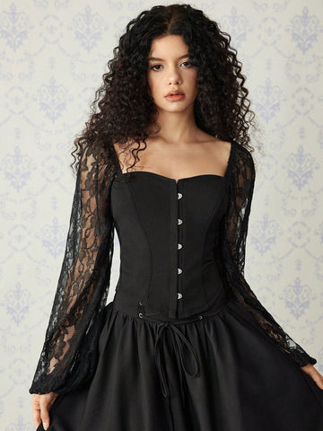 MOD Women's Lace Puff Sleeve Snap Front Black Blouse