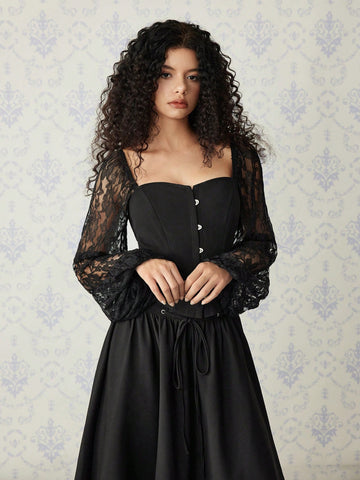 MOD Women's Lace Puff Sleeve Snap Front Black Blouse